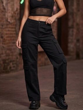 Black Cargo Trousers for Women - High Waisted Utility Pants